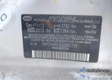 2013 Hyundai Elantra Gls from USA, damaged, VIN 5NPDH4AE9DH265729